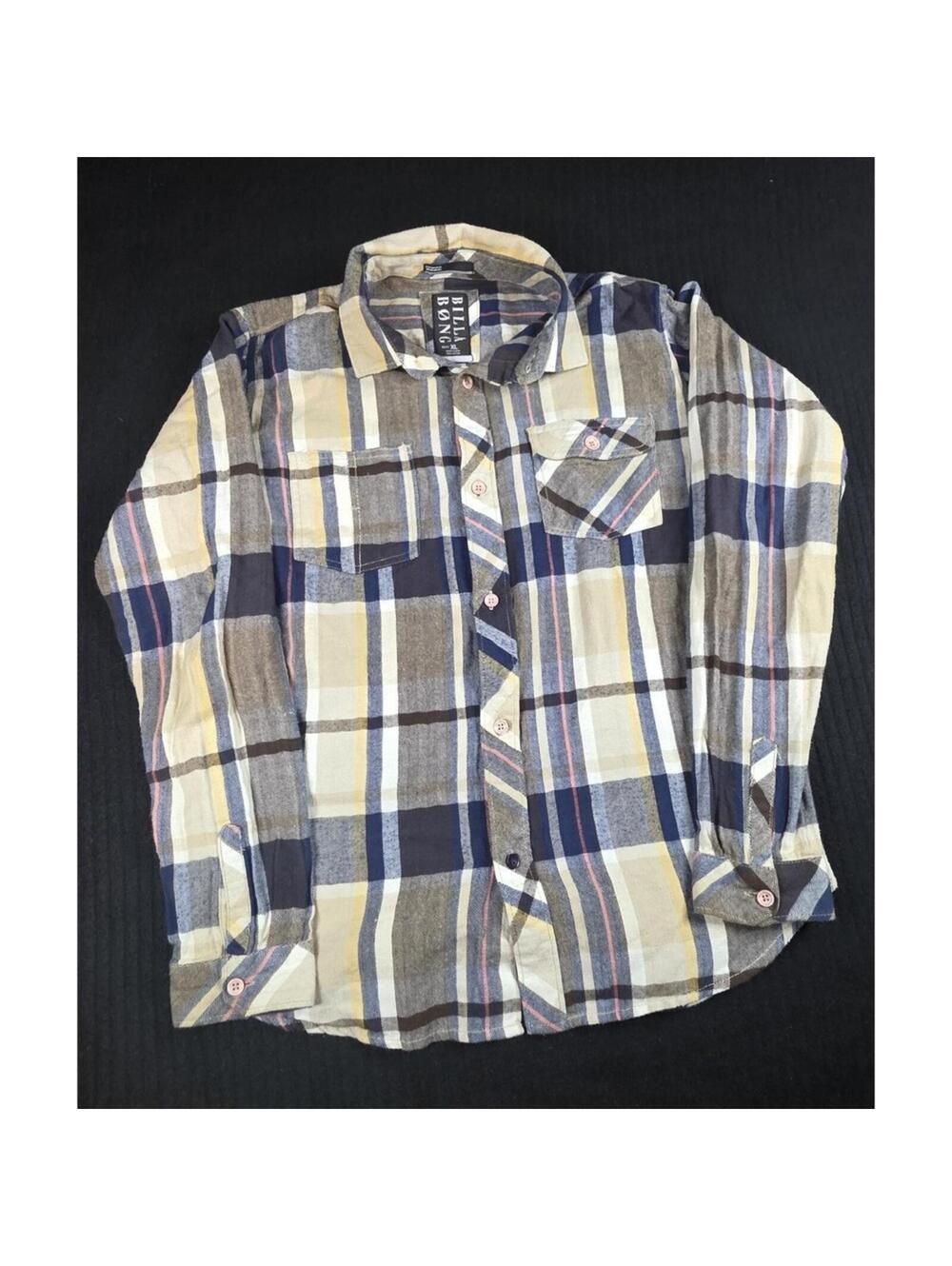 Billabong Boys XL Flannel Shirt Long Sleeve Plaid Button Up Cotton Blue Tan...